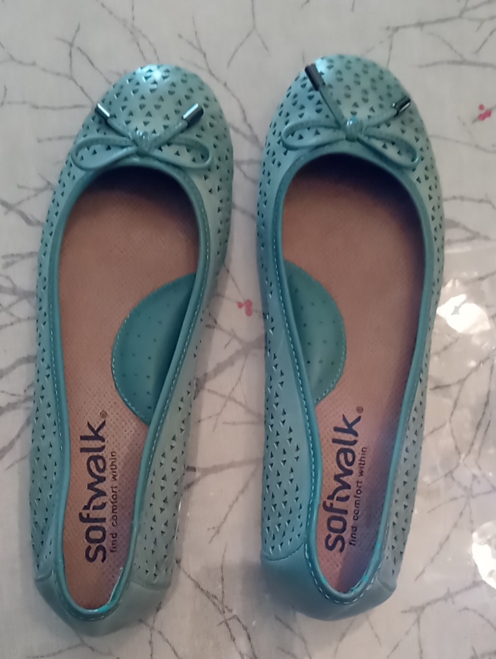 SoftWalk Teal Perforated Ballet Flats with Bow Accent